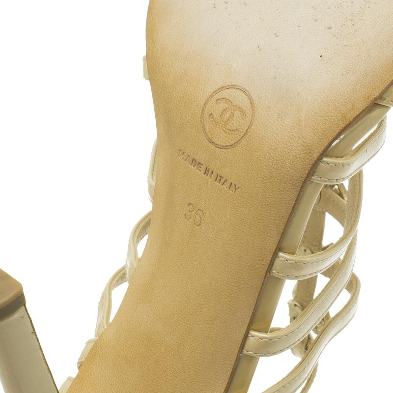 Chanel Beige Patent Bow Embellished Cage Sandals Size 36 2