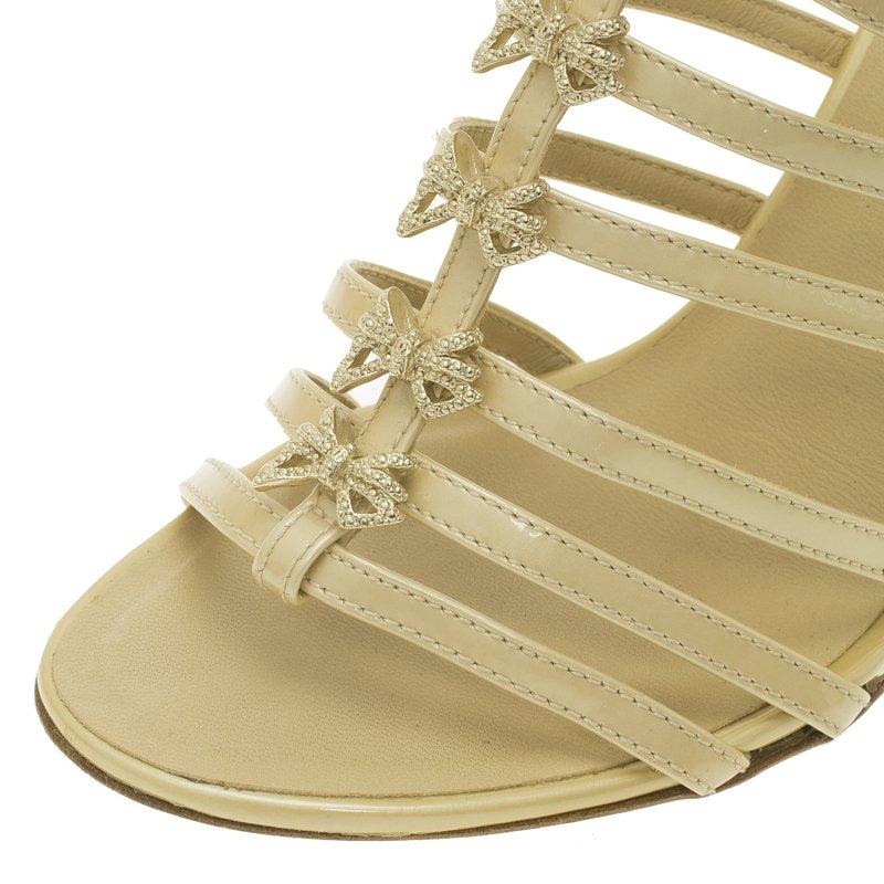 Chanel Beige Patent Bow Embellished Cage Sandals Size 36 4