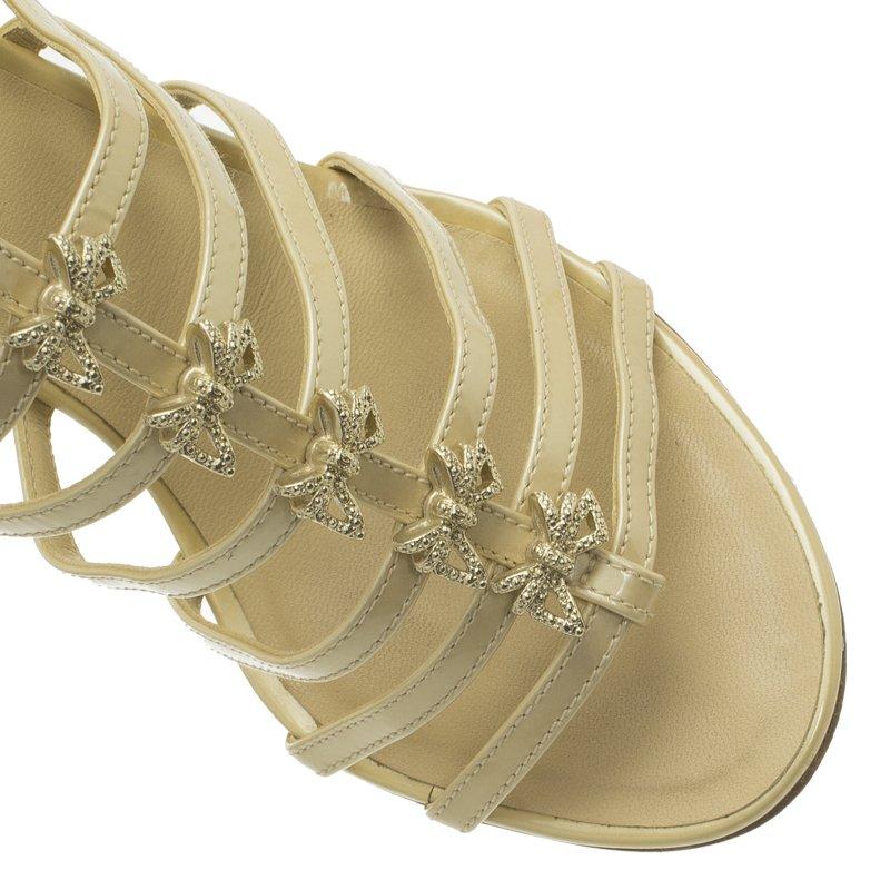 Chanel Beige Patent Bow Embellished Cage Sandals Size 36 5