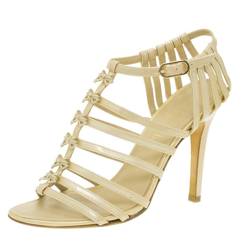 Chanel Beige Patent Bow Embellished Cage Sandals Size 36