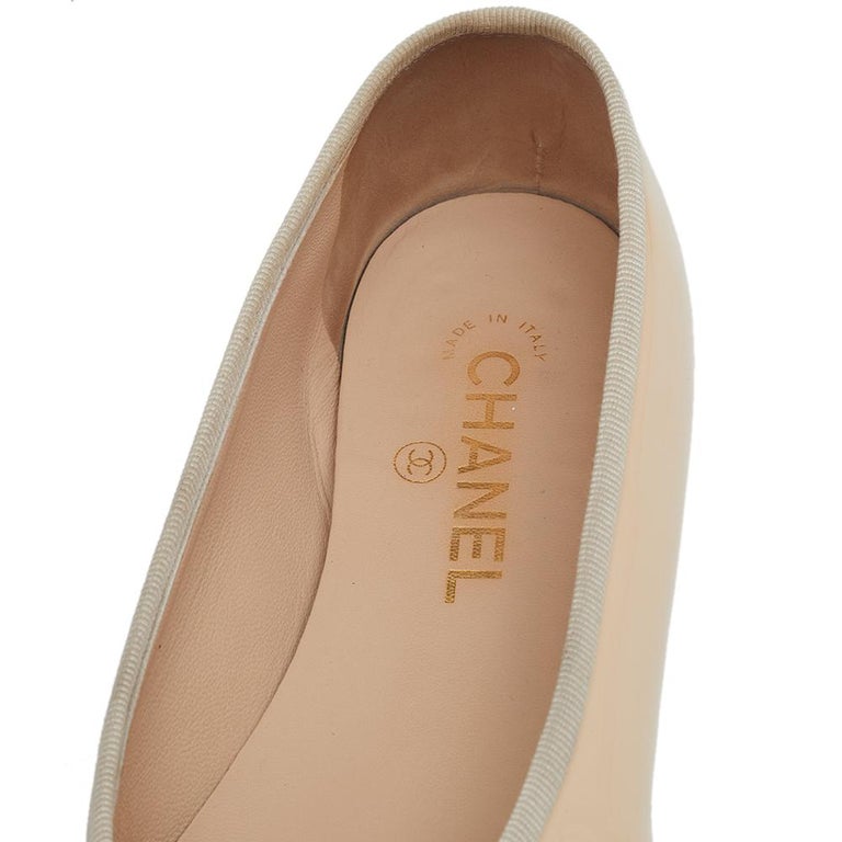 Chanel Beige Patent Leather CC Bow Ballet Flats Size 38.5