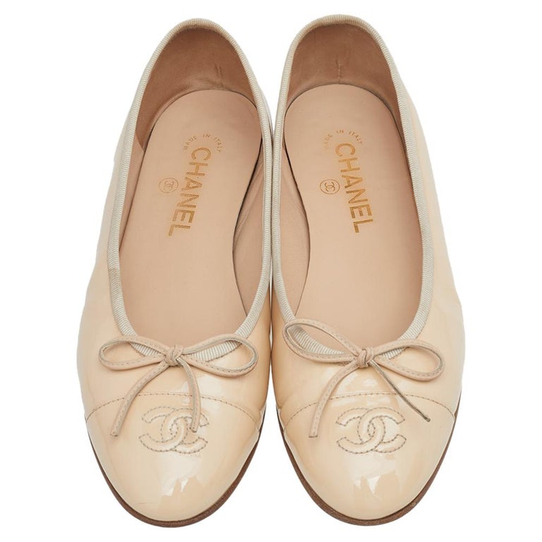 Chanel Beige Patent Leather CC Bow Ballet Flats Size 38.5 at