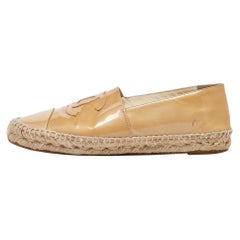 Chanel Beige Patent Leather CC Cap Toe Espadrille Flats Size 40