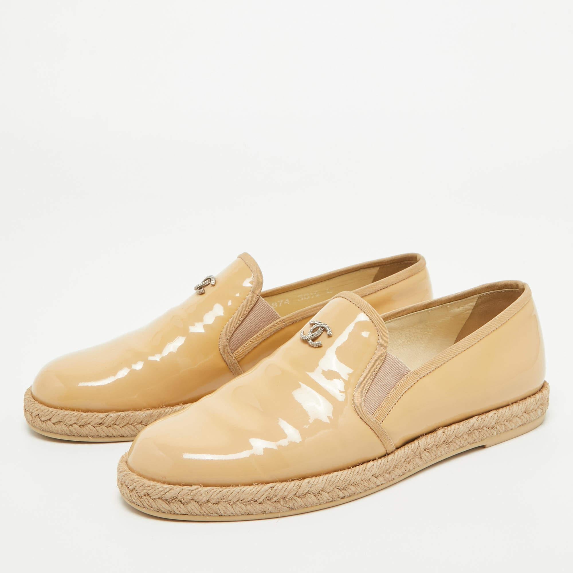 Chanel Beige Patent Leather CC Espadrille Loafers Size 36.5 2