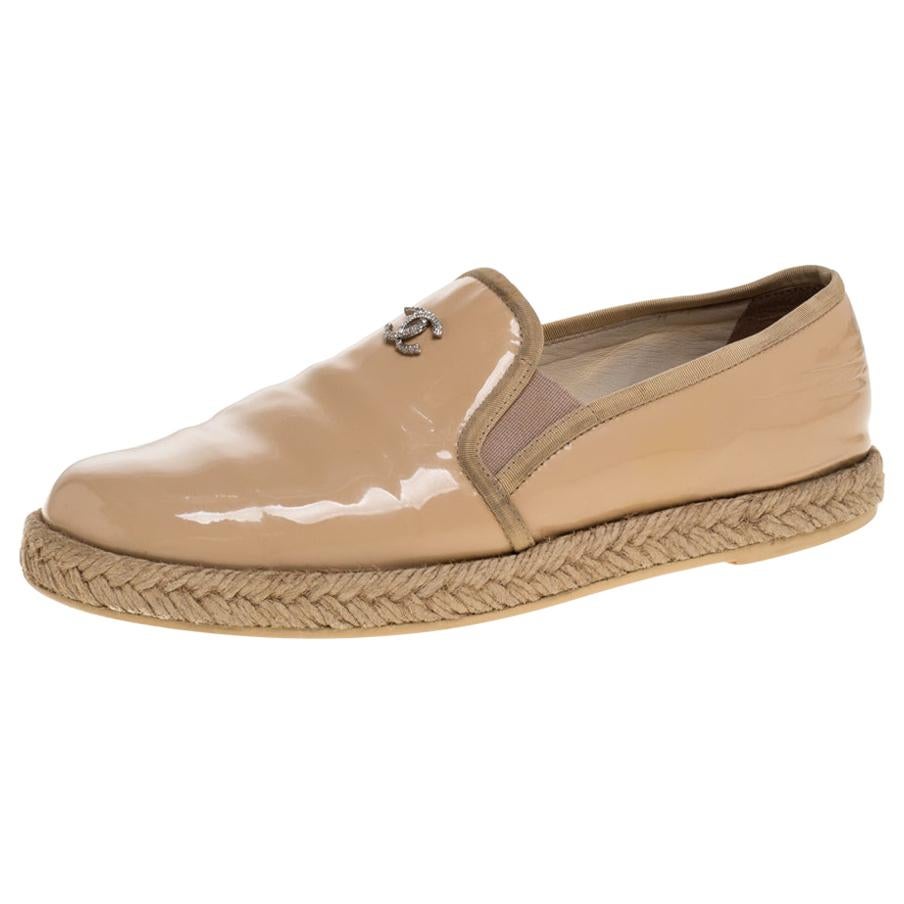 Chanel Beige Patent Leather Espadrille Slip On Loafers Size 36