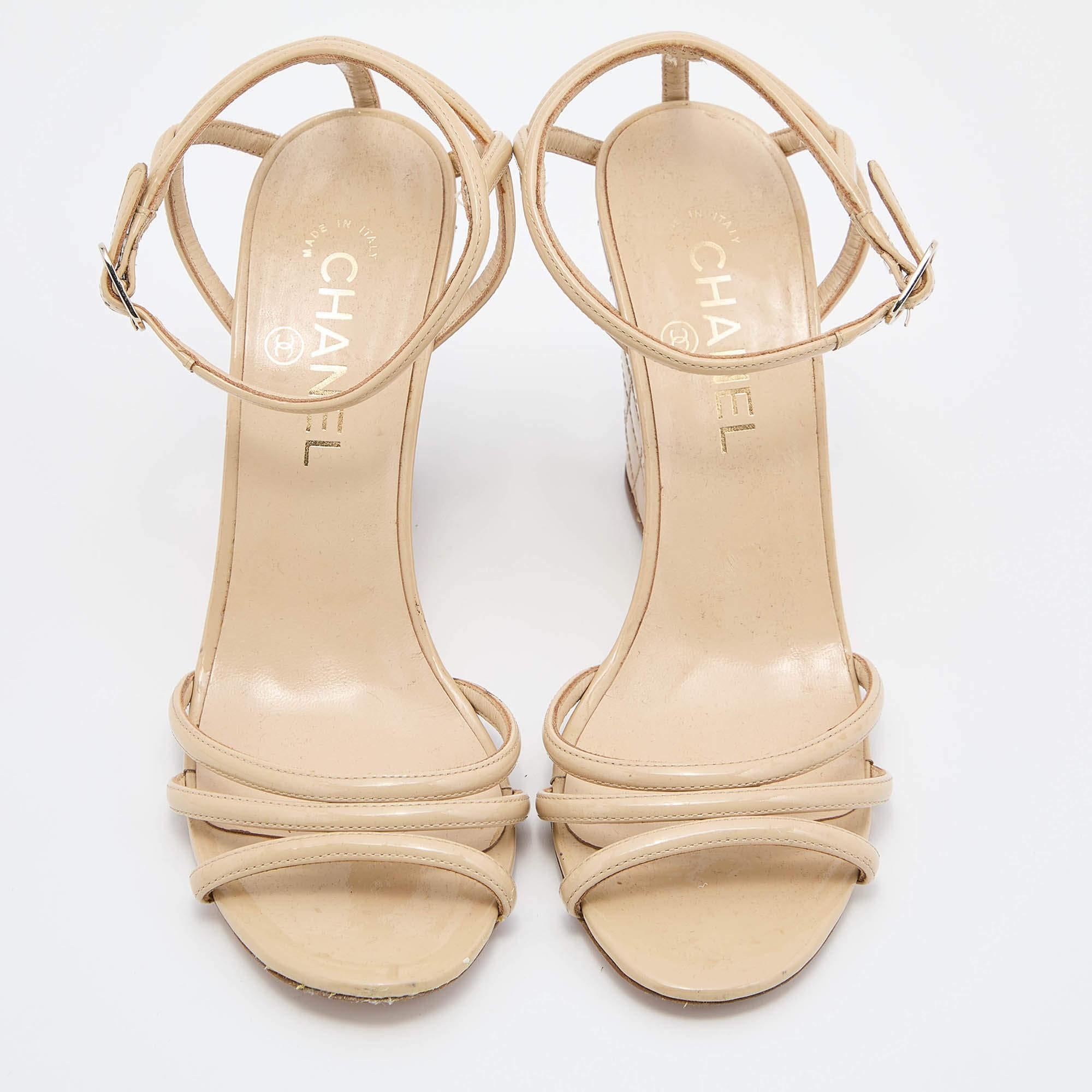 Women's Chanel Beige Patent Leather Wedge Open Toe Sandals Size 38.5