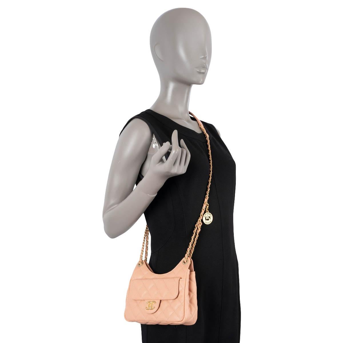CHANEL beige peach Caviar leather SMALL WAVY HOBO Shoulder Bag NM375 For Sale 7