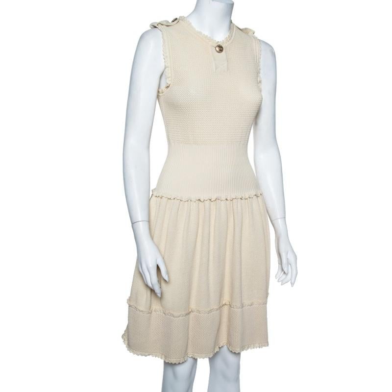 Chanel Beige Perforated Knit Drop Waist Fit & Flare Dress S In Good Condition In Dubai, Al Qouz 2