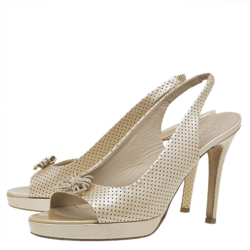 Chanel Beige Perforated Leather Butterfly Embellished Slingback Sandals Size 38. 6