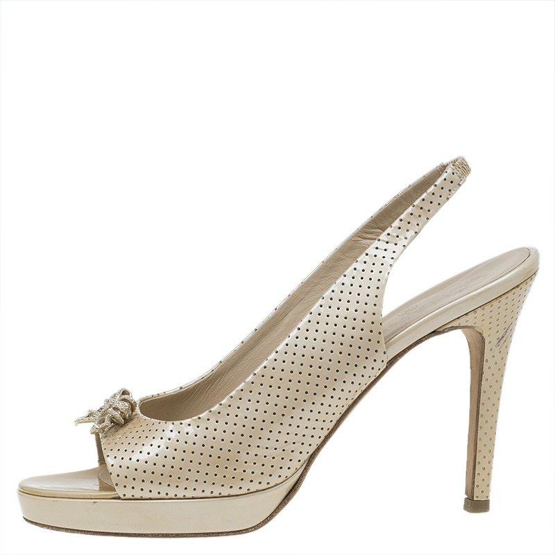 Chanel Beige Perforated Leather Butterfly Embellished Slingback Sandals Size 38. 8