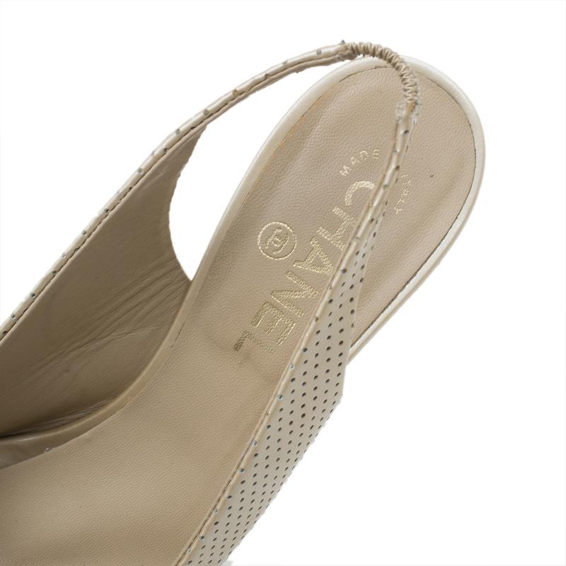 Chanel Beige Perforated Leather Butterfly Embellished Slingback Sandals Size 38. 3