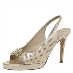 Chanel Beige Perforated Leather Butterfly Embellished Slingback Sandals Size 38.