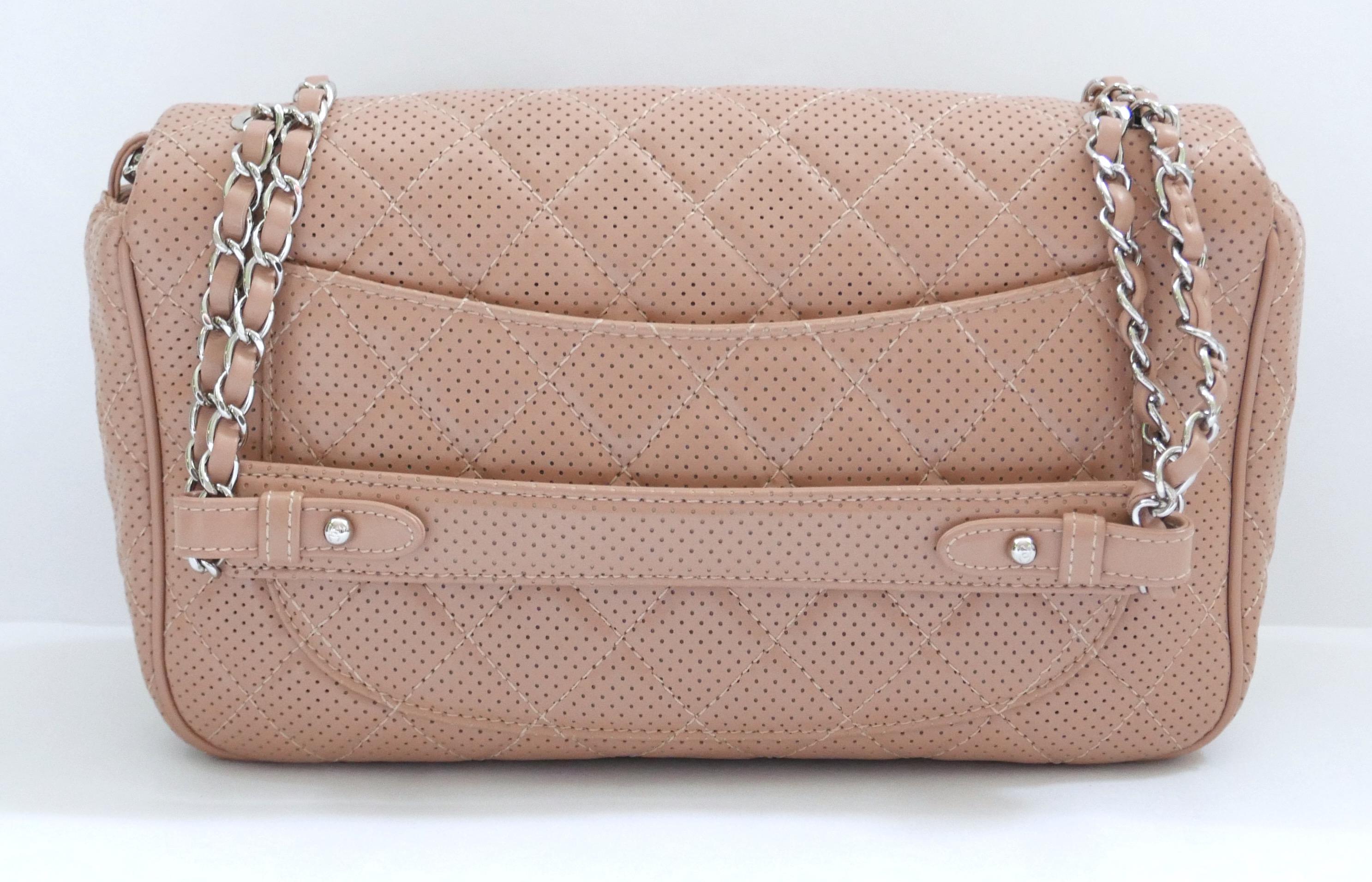 Women's Chanel Beige Perforated Leather Classique Flap Bag For Sale