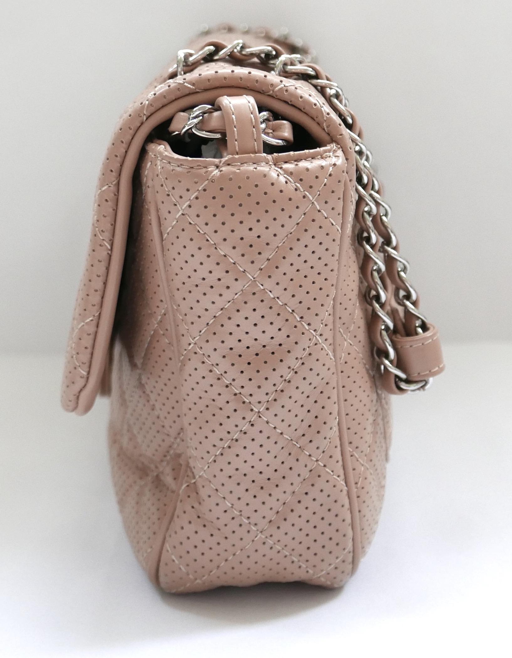 Chanel Beige Perforated Leather Classique Flap Bag For Sale 1