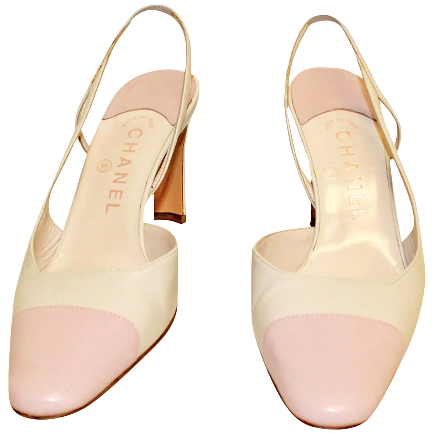 Chanel Beige and Pink Cap Toe Slingback Shoes 38 EU For Sale Chanel Beige and Pink Cap Toe Slingback Shoes 38 EU For Sale