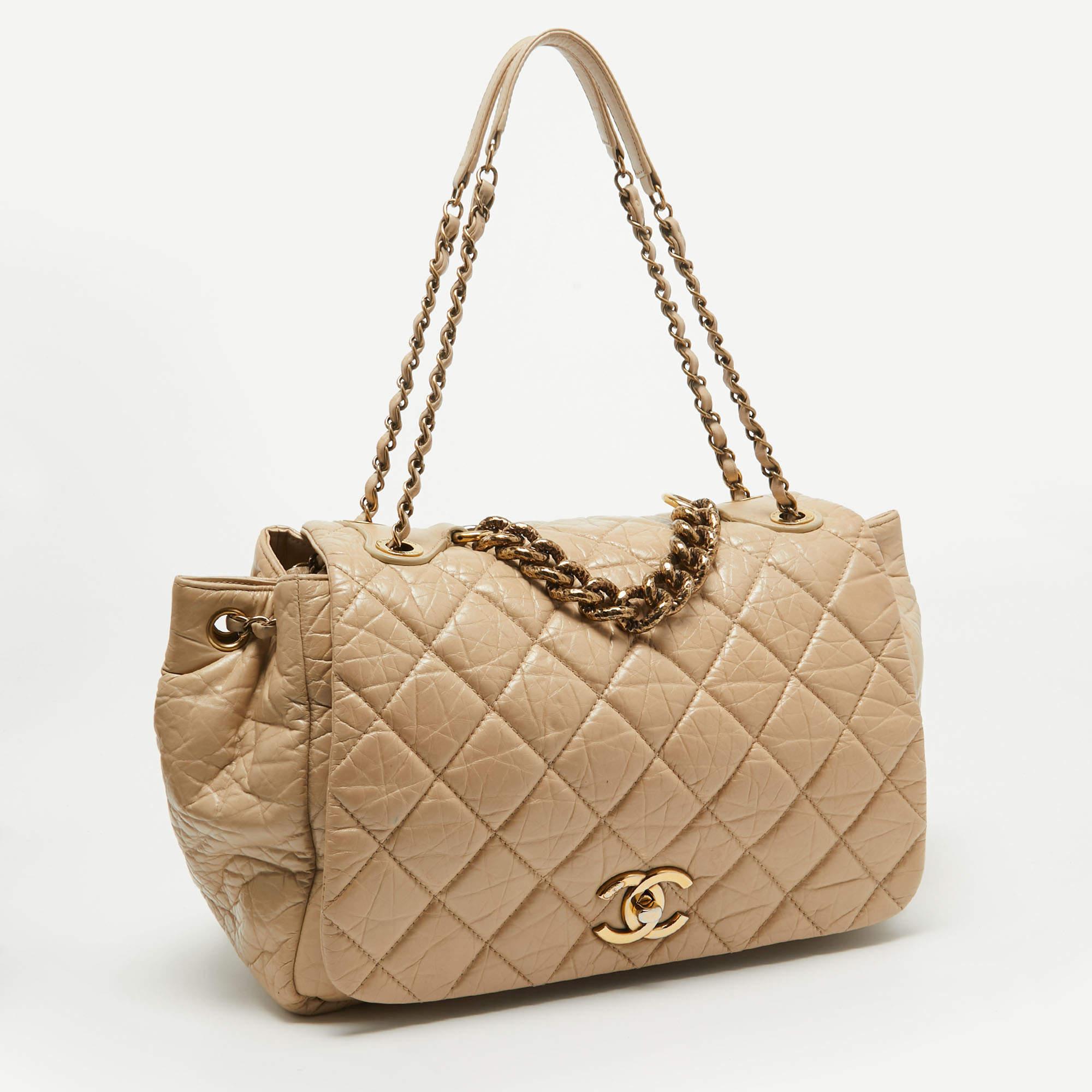 Chanel Beige Quilted Aged Leather Pondicherry Flap Bag For Sale 9