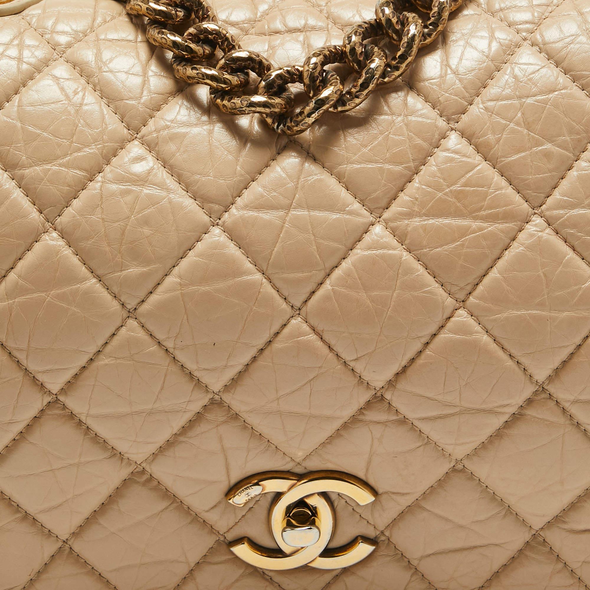 Chanel Beige Quilted Aged Leather Pondicherry Flap Bag For Sale 10