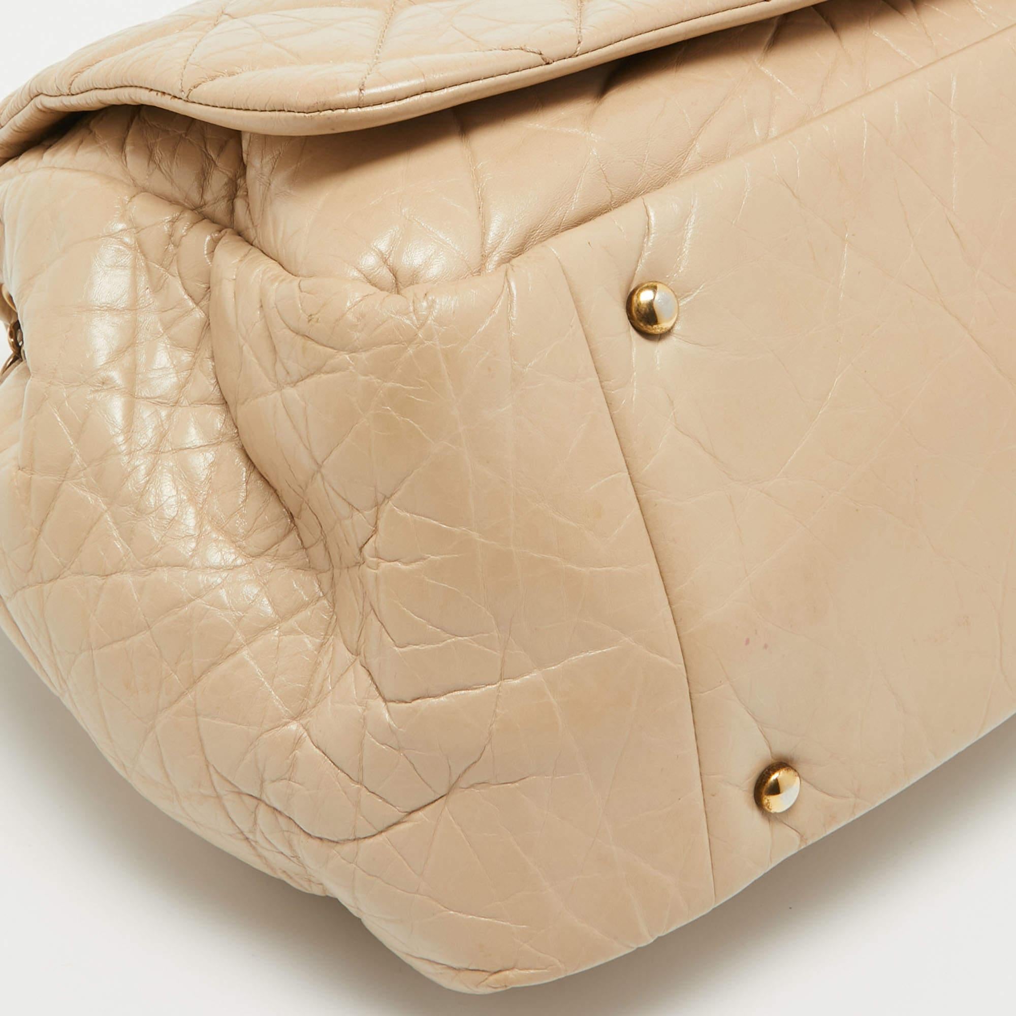 Chanel Beige Quilted Aged Leather Pondicherry Flap Bag For Sale 3