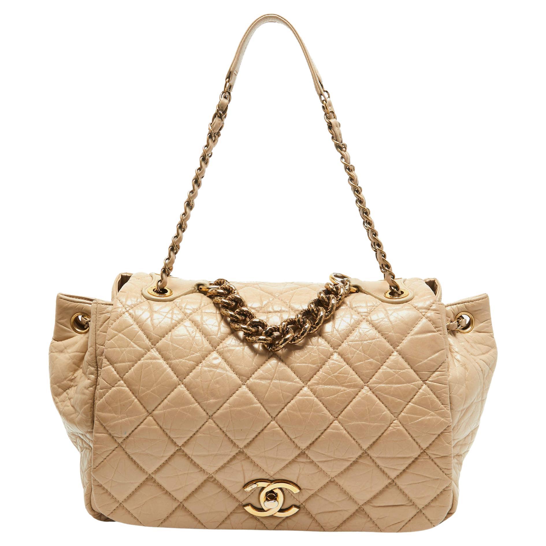 Chanel Beige Quilted Aged Leather Pondicherry Flap Bag For Sale