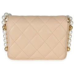 Chanel Beige Quilted Calfskin About Pearls Card Holder With Chain