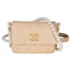 Chanel Beige Quilted Calfskin About Pearls Card Holder With Chain