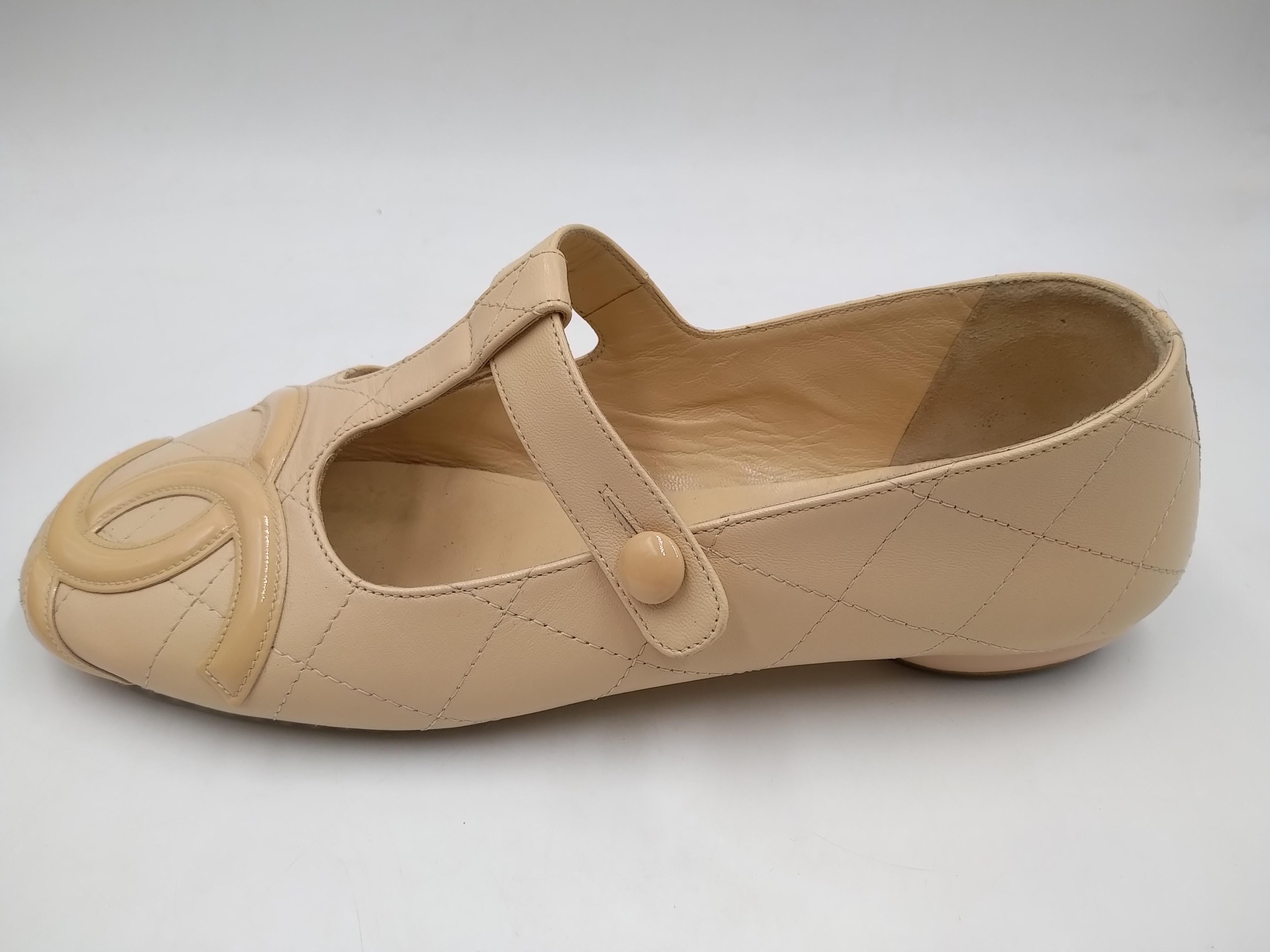 Chanel Beige Quilted Cambon Leather CC Mary-Jane Flats, Size EU 38/ 7.5 1