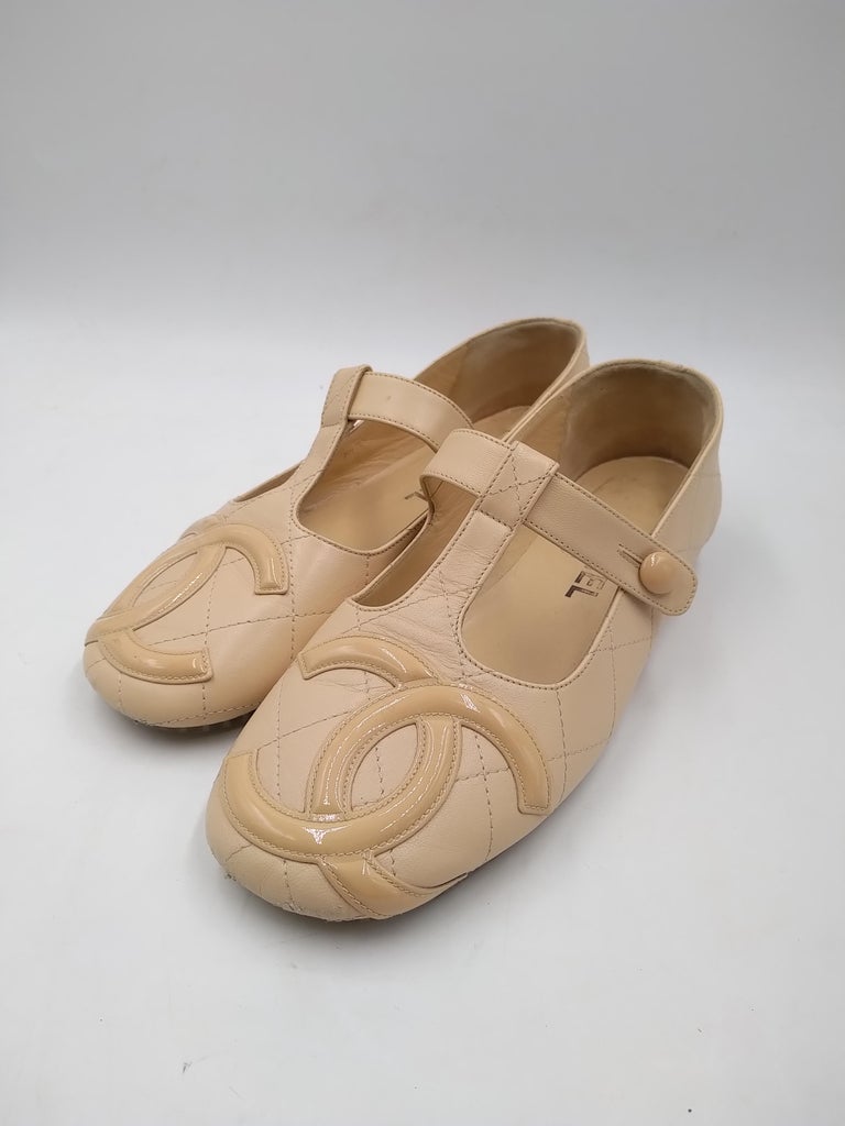 Chanel Beige Quilted Cambon Leather CC Mary-Jane Flats, Size EU 38/ 7.5