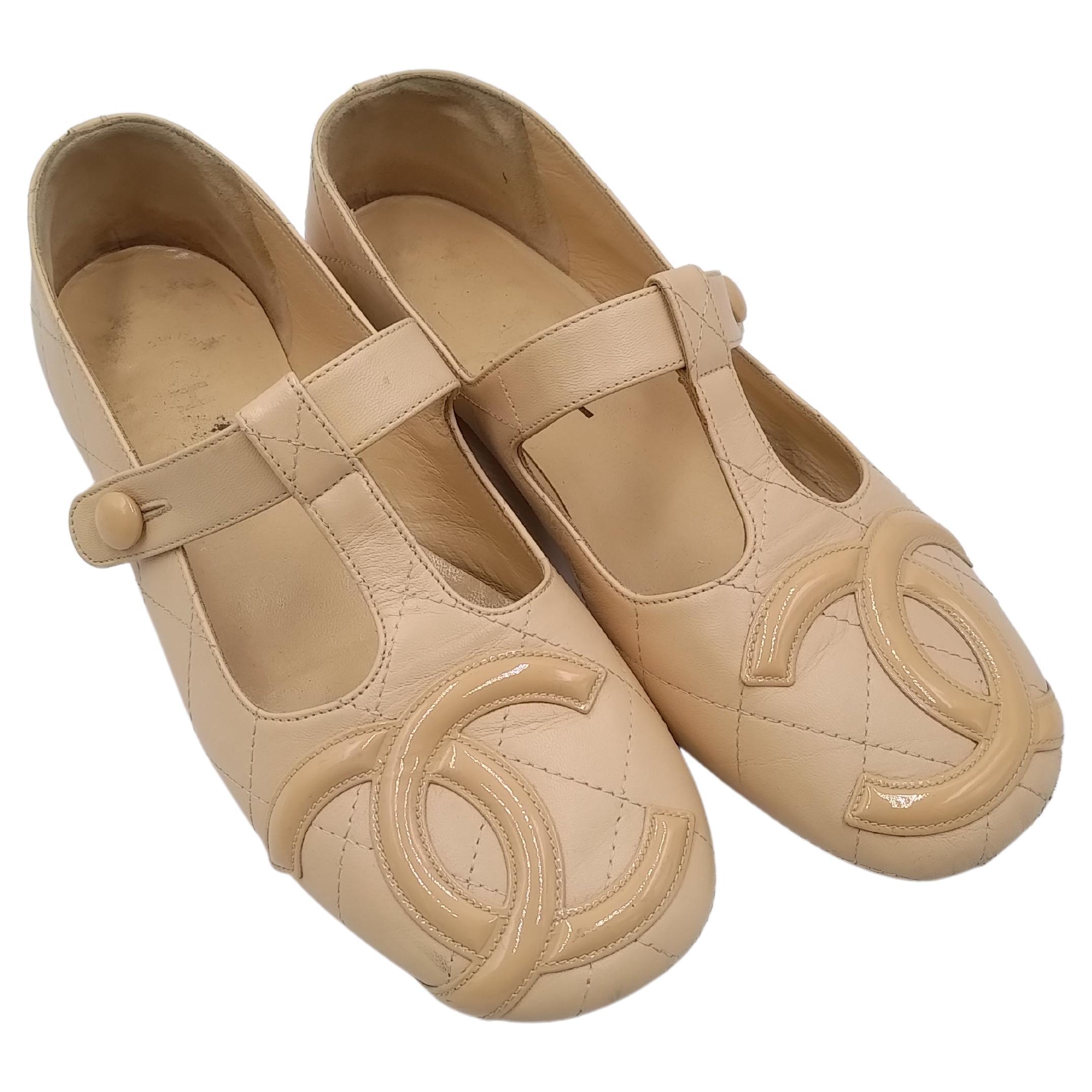 Chanel Beige Quilted Cambon Leather CC Mary-Jane Flats, Size EU 38