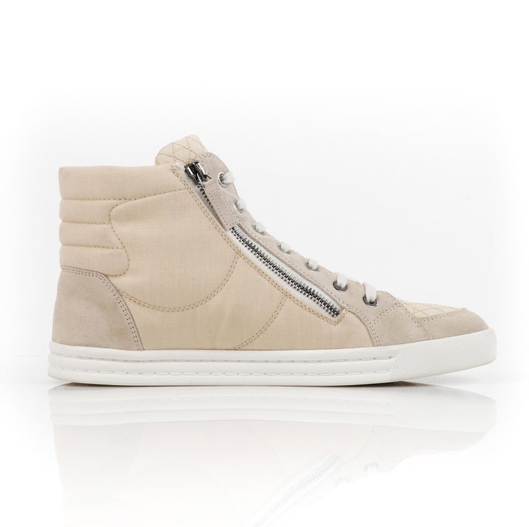CHANEL Beige Quilted Canvas Lace Up High Top Sneakers