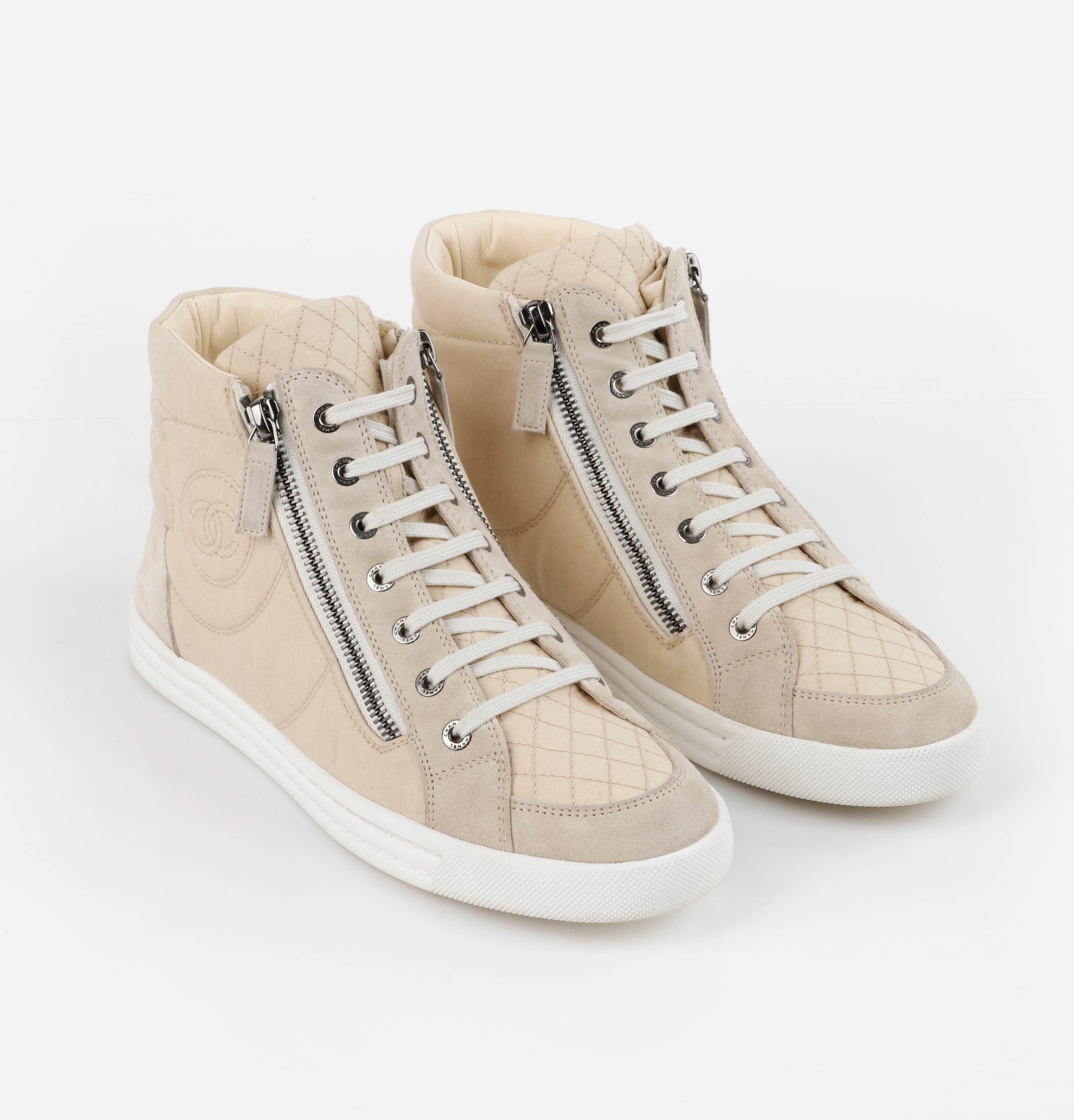 CHANEL Beige Quilted Canvas Lace Up High Top Sneakers In Good Condition In Thiensville, WI