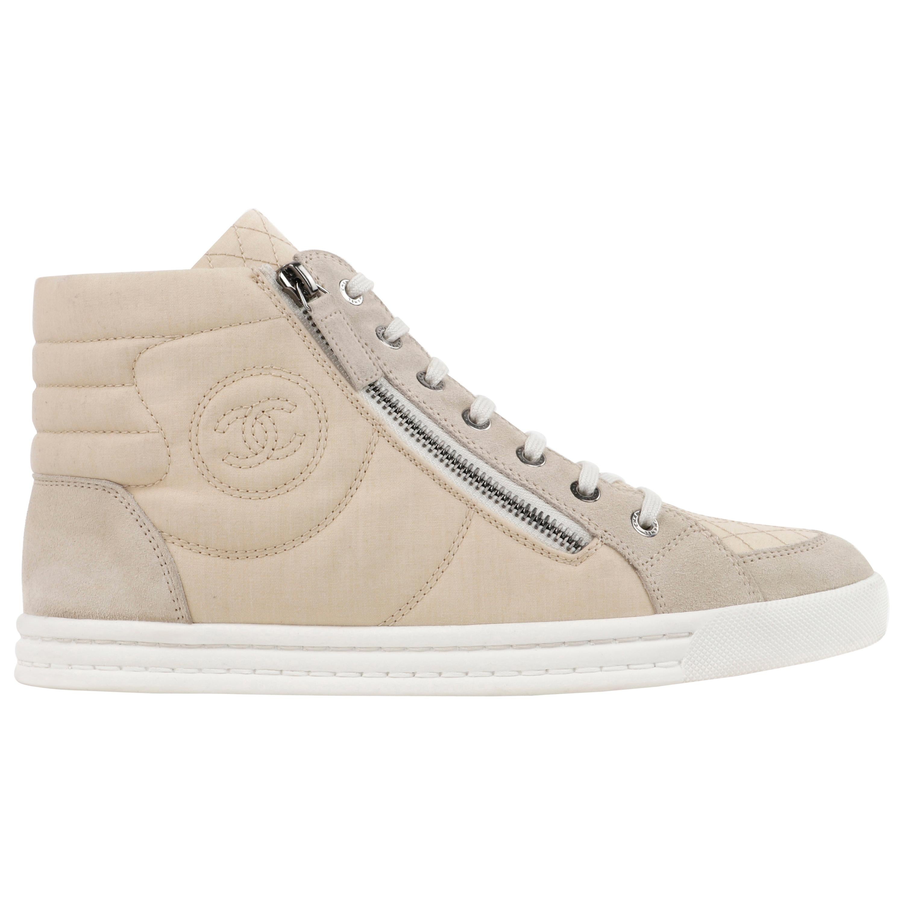 CHANEL Beige Quilted Canvas Lace Up High Top Sneakers at 1stDibs