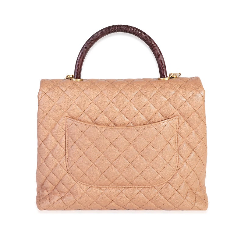 Chanel Beige Quilted Caviar and Burgundy Lizard Large Coco Handle Flap Bag  For Sale at 1stDibs