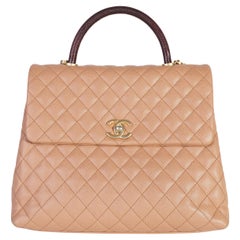 Chanel Beige Quilted Caviar & Burgundy Lizard Large Coco Handle Flap Bag