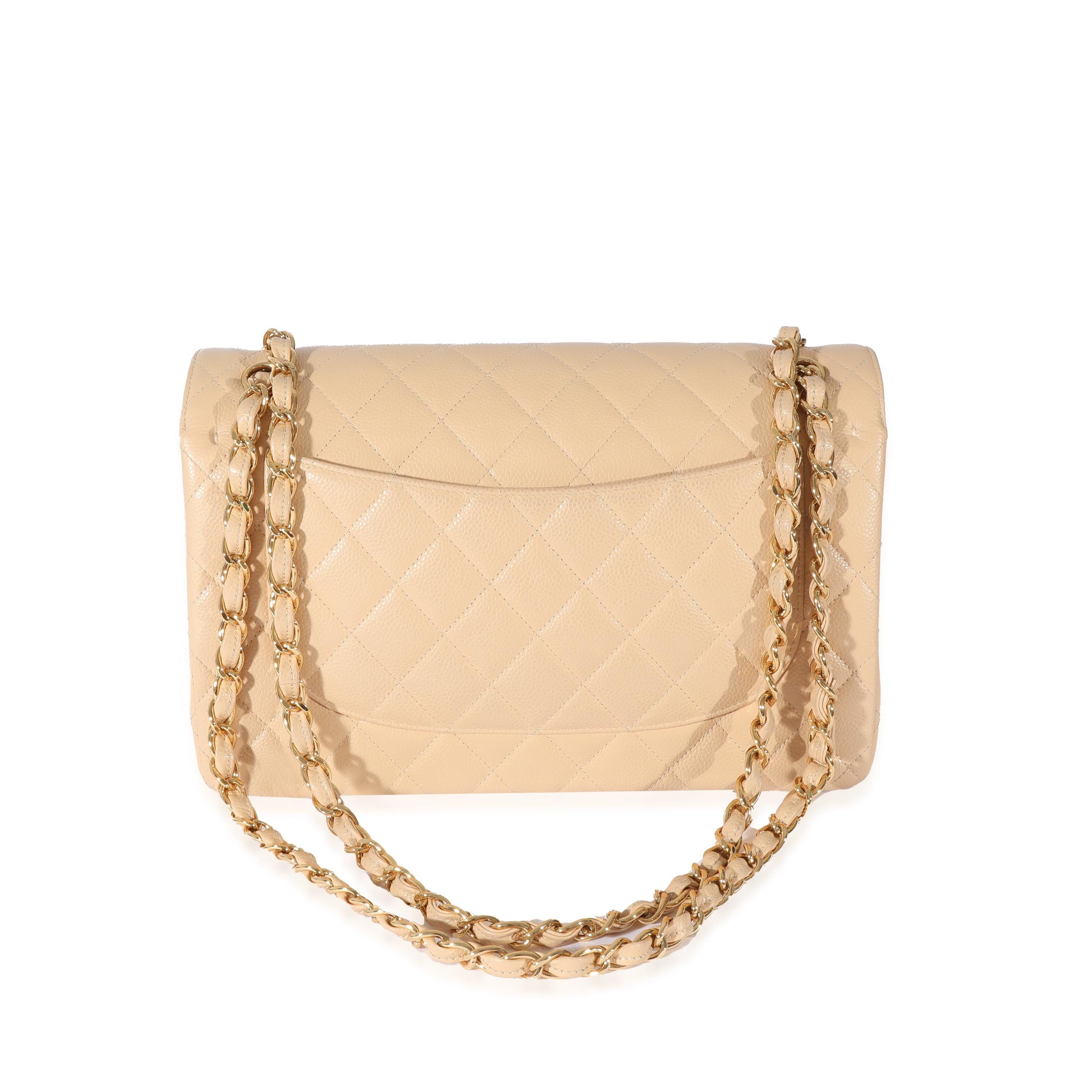 Chanel Beige Quilted Caviar Jumbo Classic Double Flap Bag In Excellent Condition For Sale In New York, NY