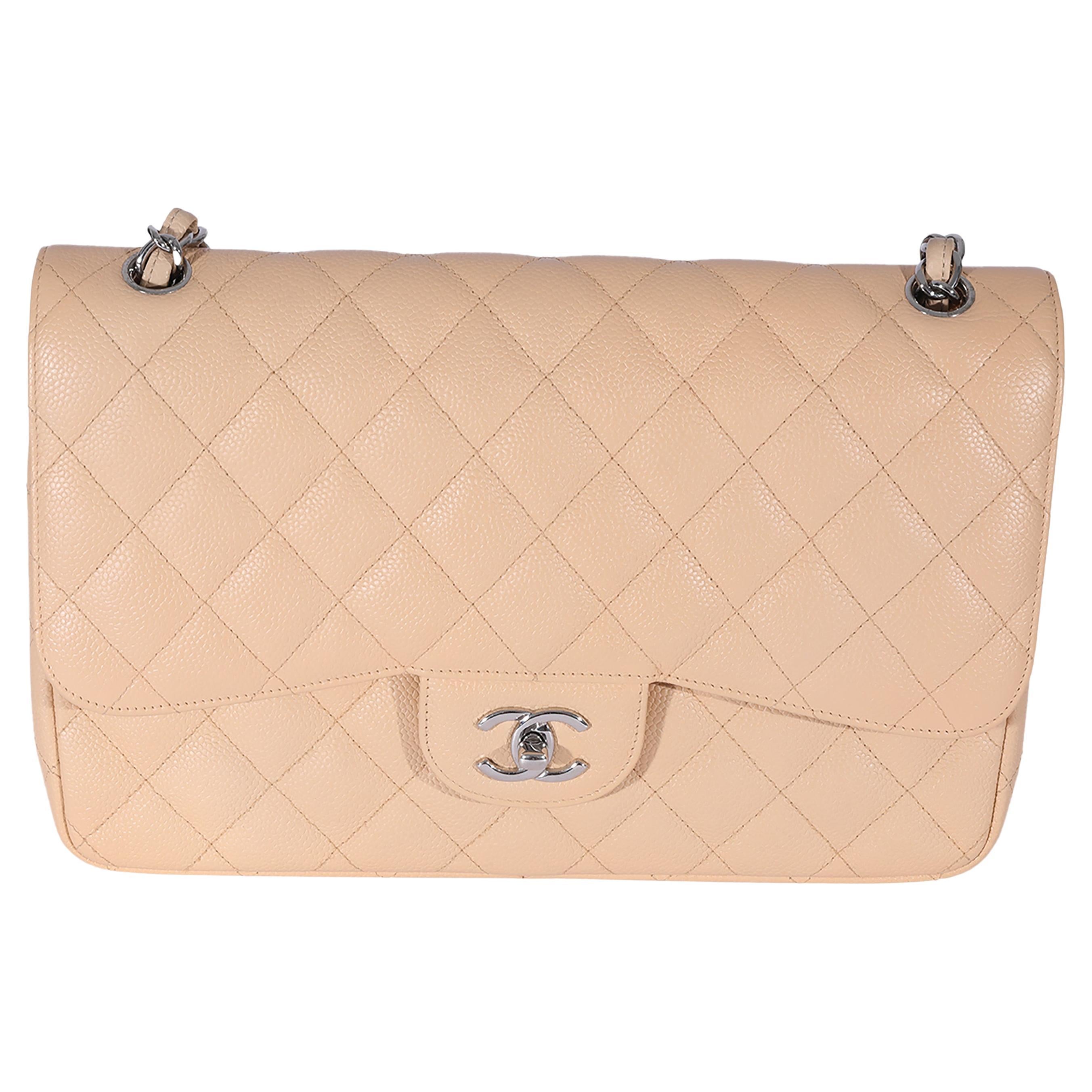 Chanel Beige Quilted Caviar Jumbo Classic Double Flap Bag For Sale