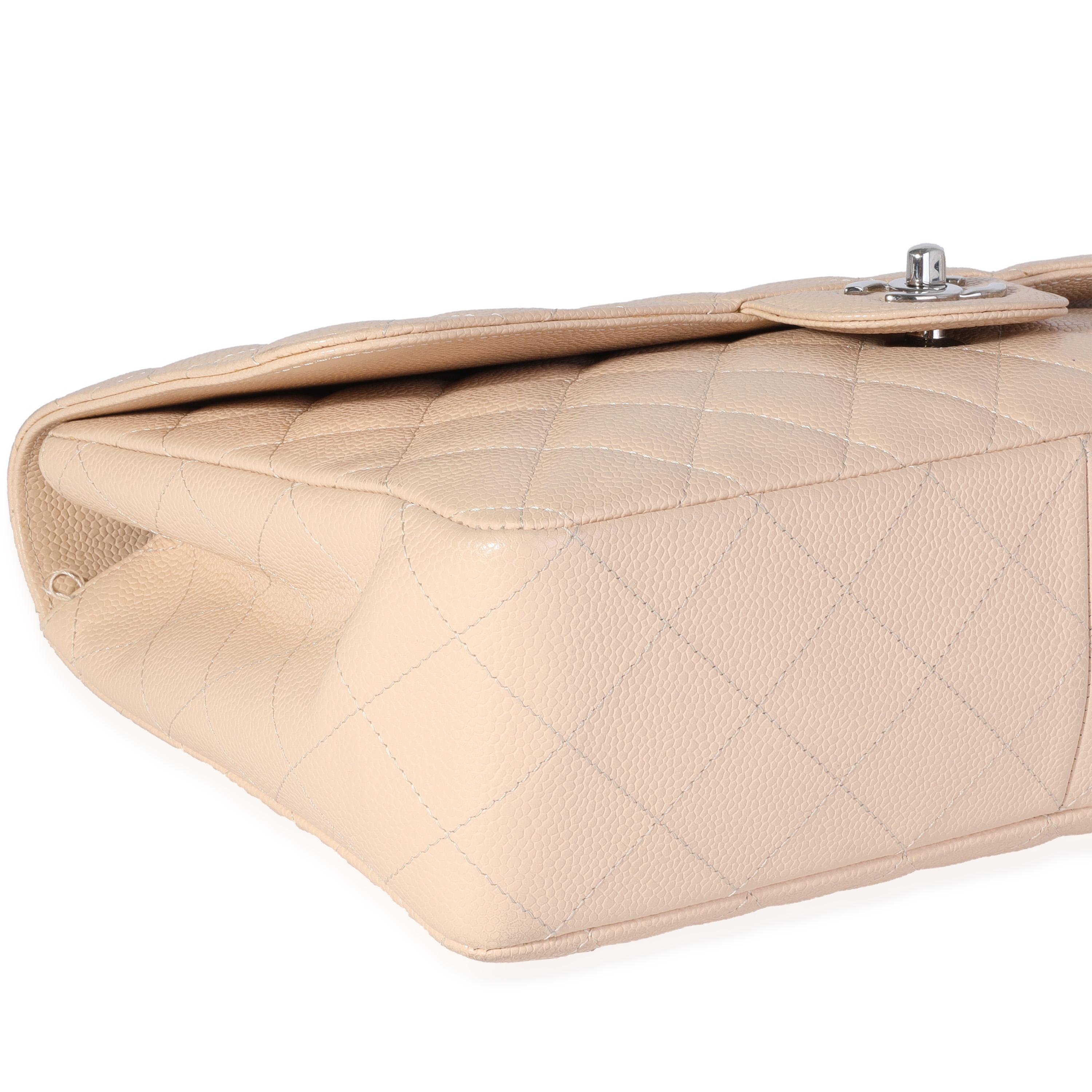 Chanel Beige Quilted Caviar Jumbo Classic Single Flap Bag In Excellent Condition For Sale In New York, NY