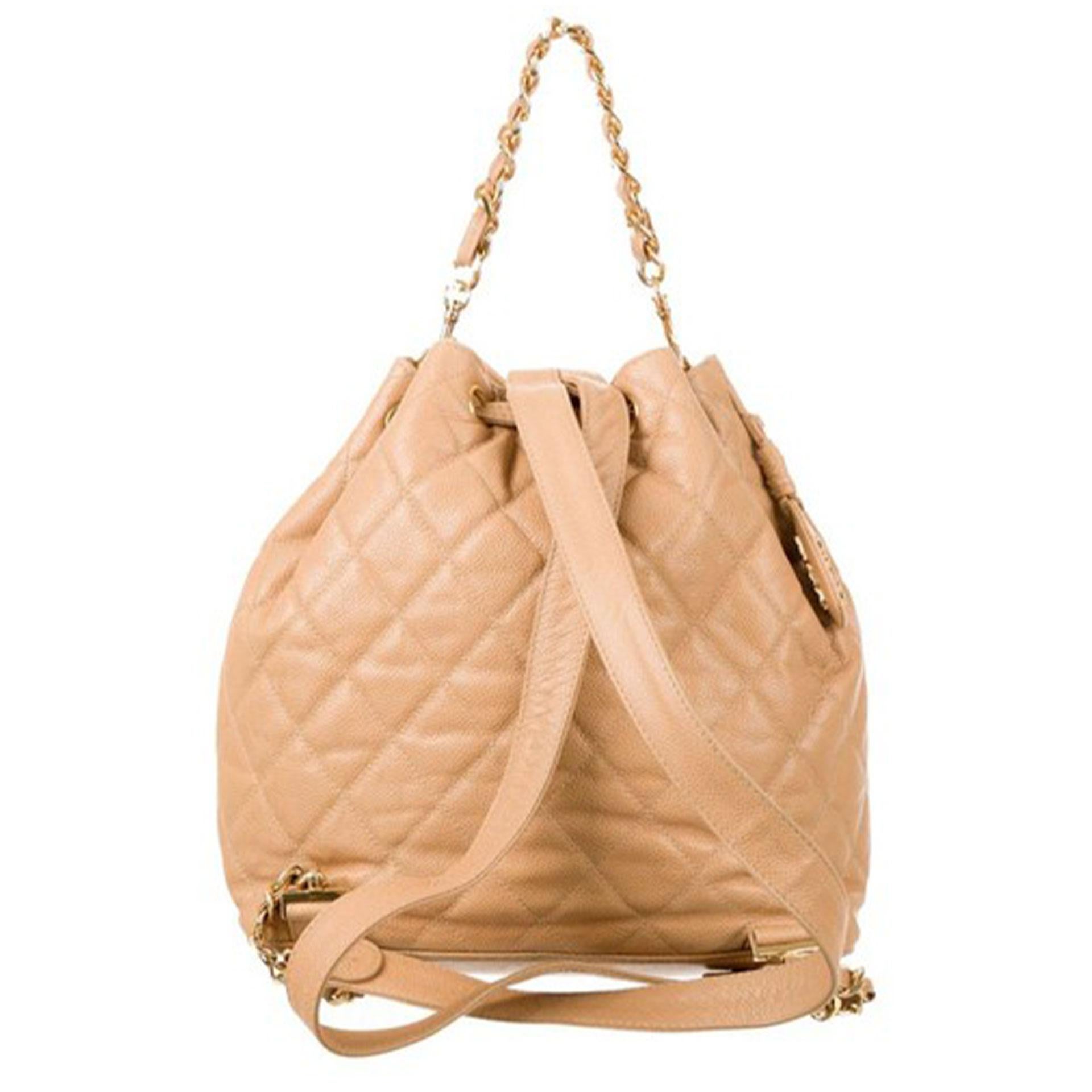 Chanel Beige Quilted Caviar Leather Drawstring Backpack Shoulder Bag In Good Condition For Sale In Miami, FL