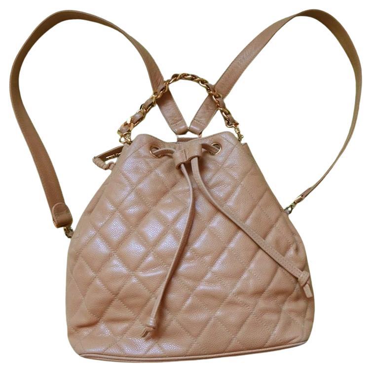 Chanel Beige Quilted Caviar Leather Drawstring Backpack Shoulder Bag For Sale 1
