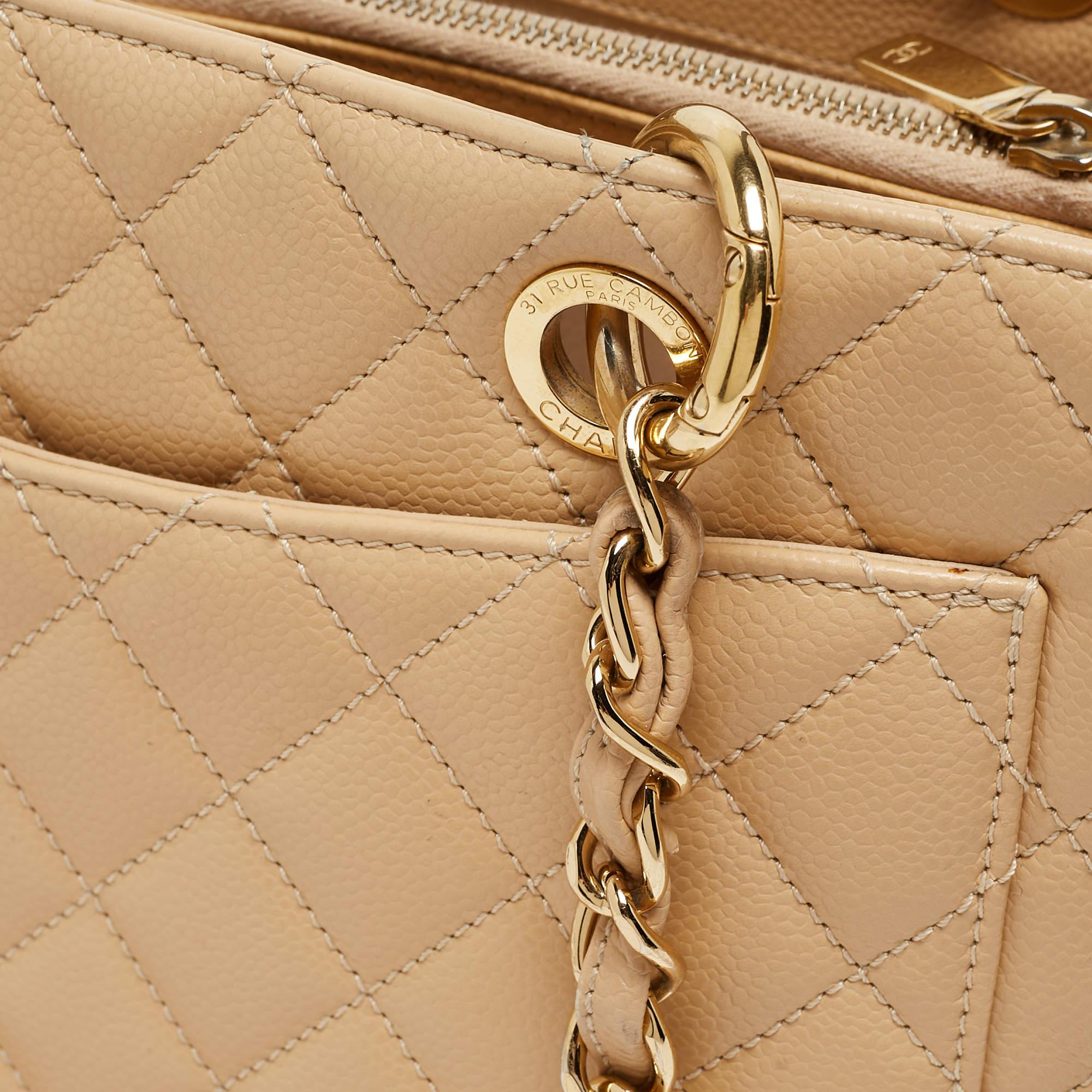 Chanel Beige Quilted Caviar Leather Grand Shopper Tote For Sale 8