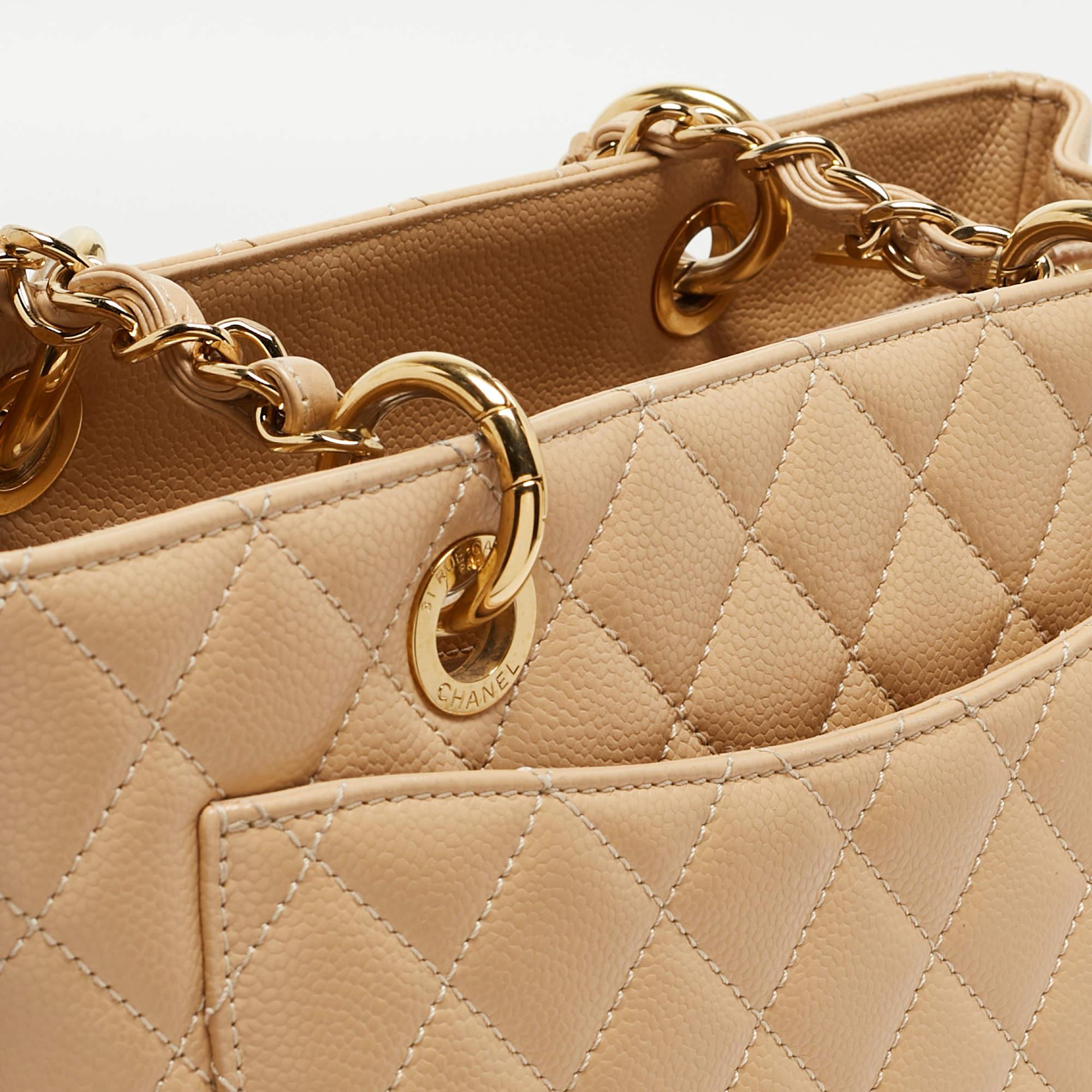 Chanel Beige Quilted Caviar Leather Grand Shopper Tote For Sale 2