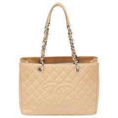 Chanel Beige gesteppte Kaviar Leder Große Shopper Tote