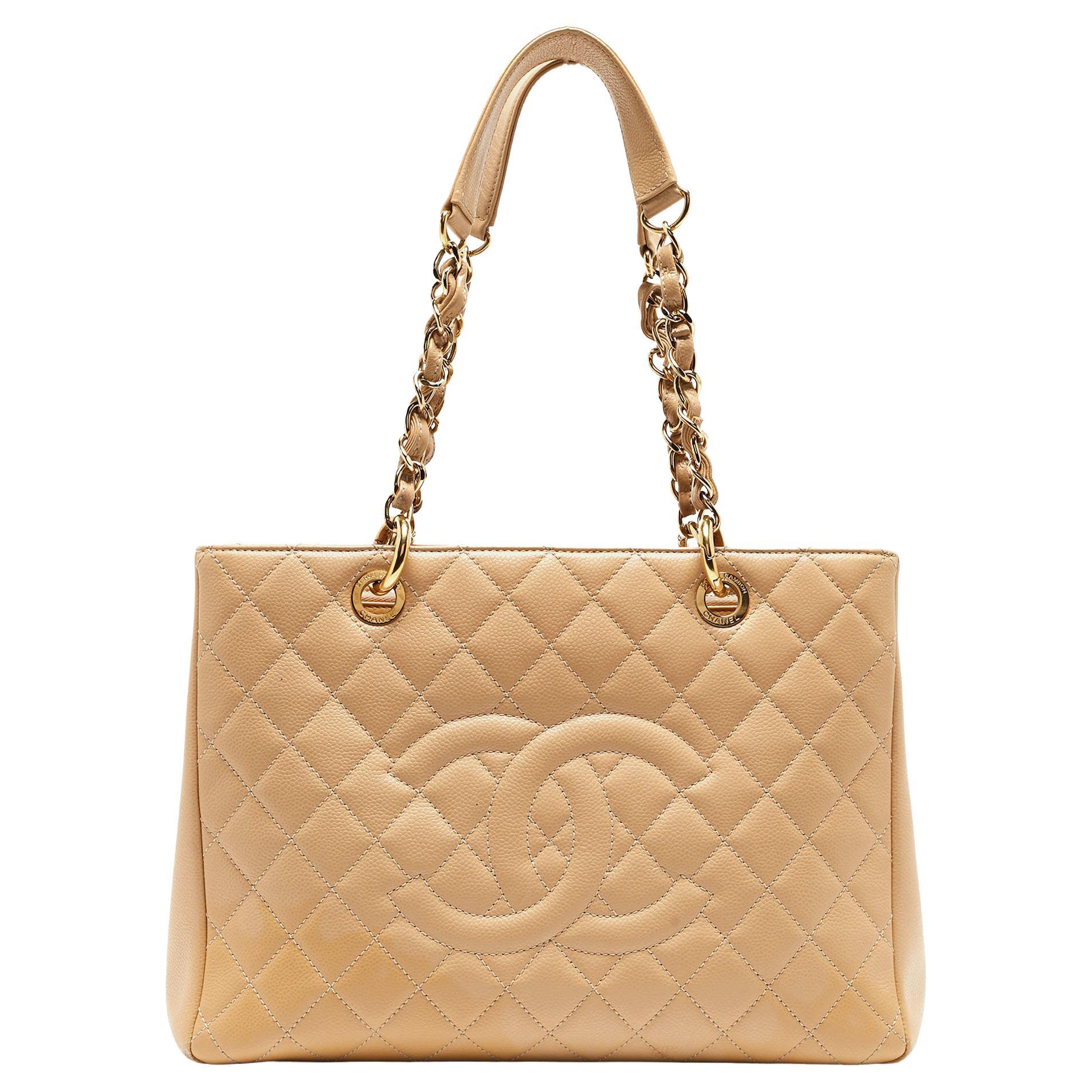 Chanel Beige Quilted Caviar Leather Grand Shopper Tote For Sale