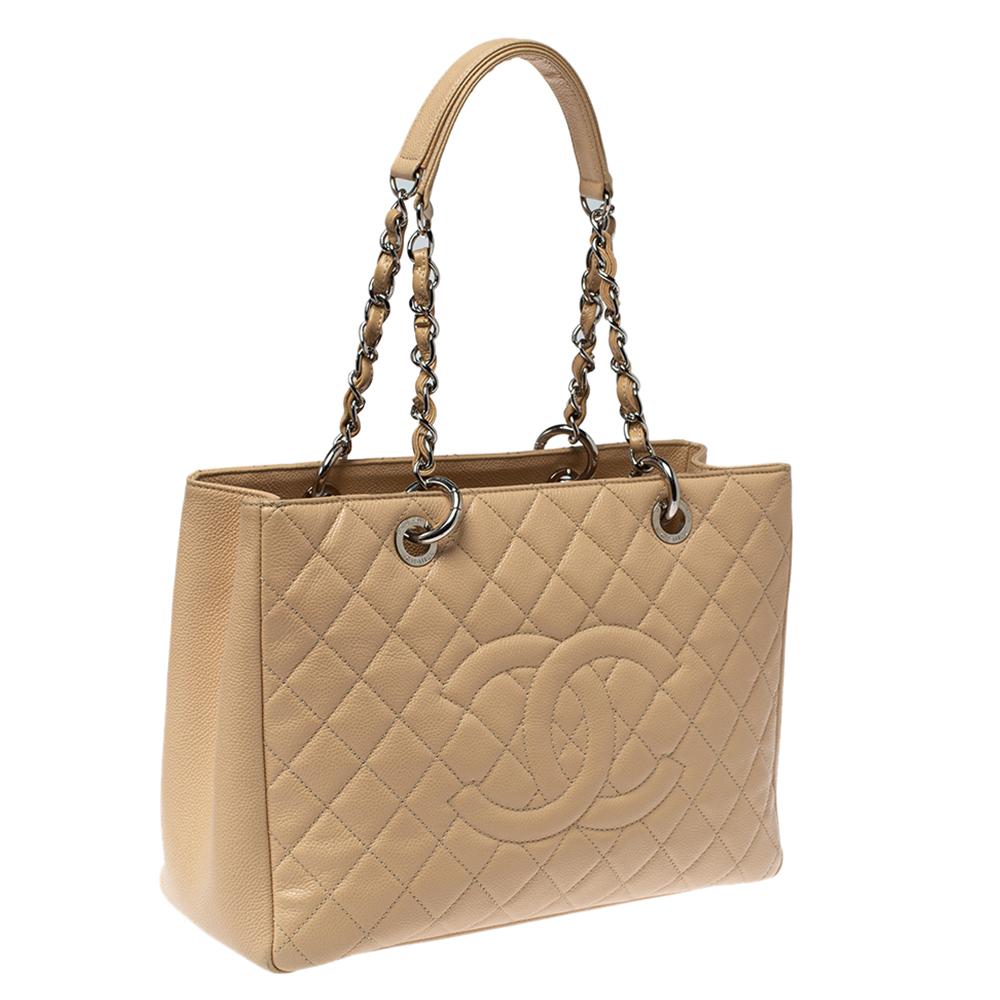 Women's Chanel Beige Quilted Caviar Leather Grand Shopping Tote