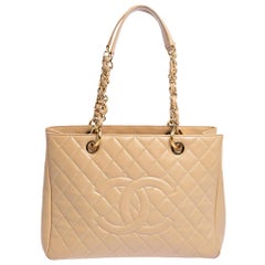 Chanel Beige Quilted Caviar Leather Grand Shopping Tote