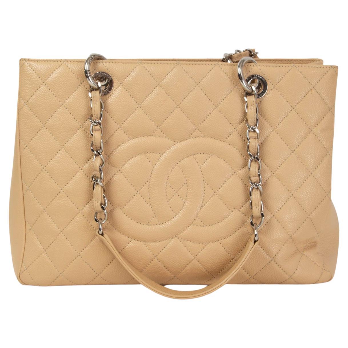 Sac CHANEL beige matelassé cuir caviar GRAND SHOPPING TOTE GST en vente