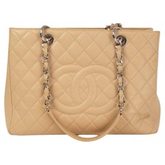 CHANEL Beige gesteppte Kaviarledertasche GRAND SHOPPING TOTE GST Tasche aus Leder