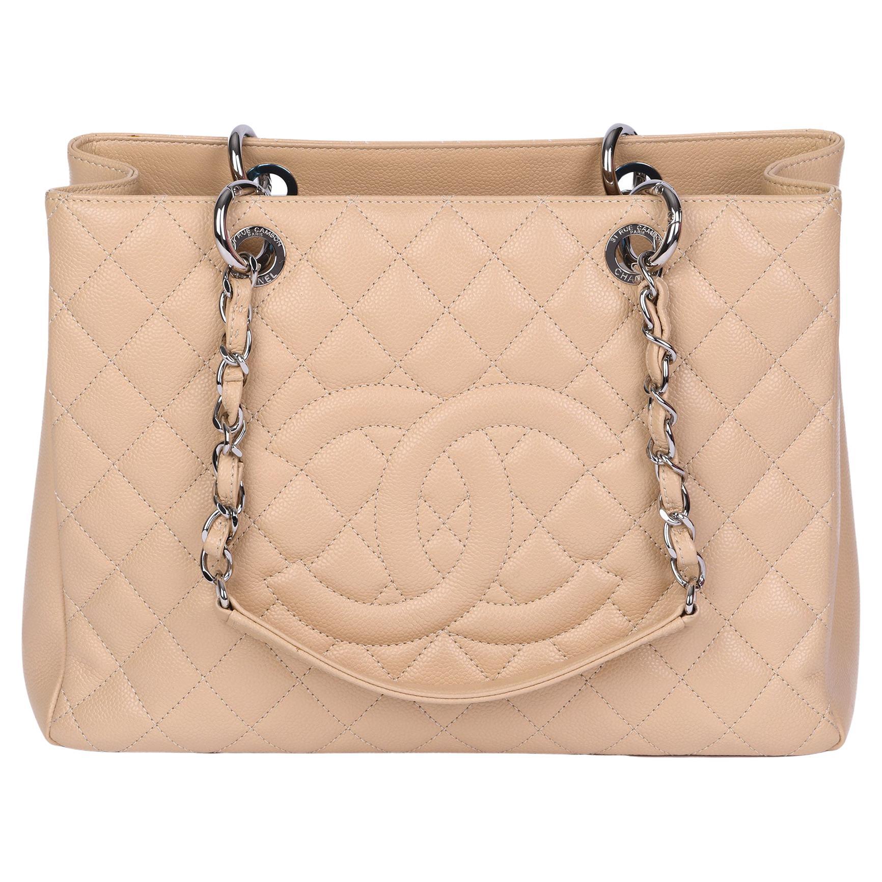Chanel Beige Quilted Caviar Leather Grand Shopping Tote GST at