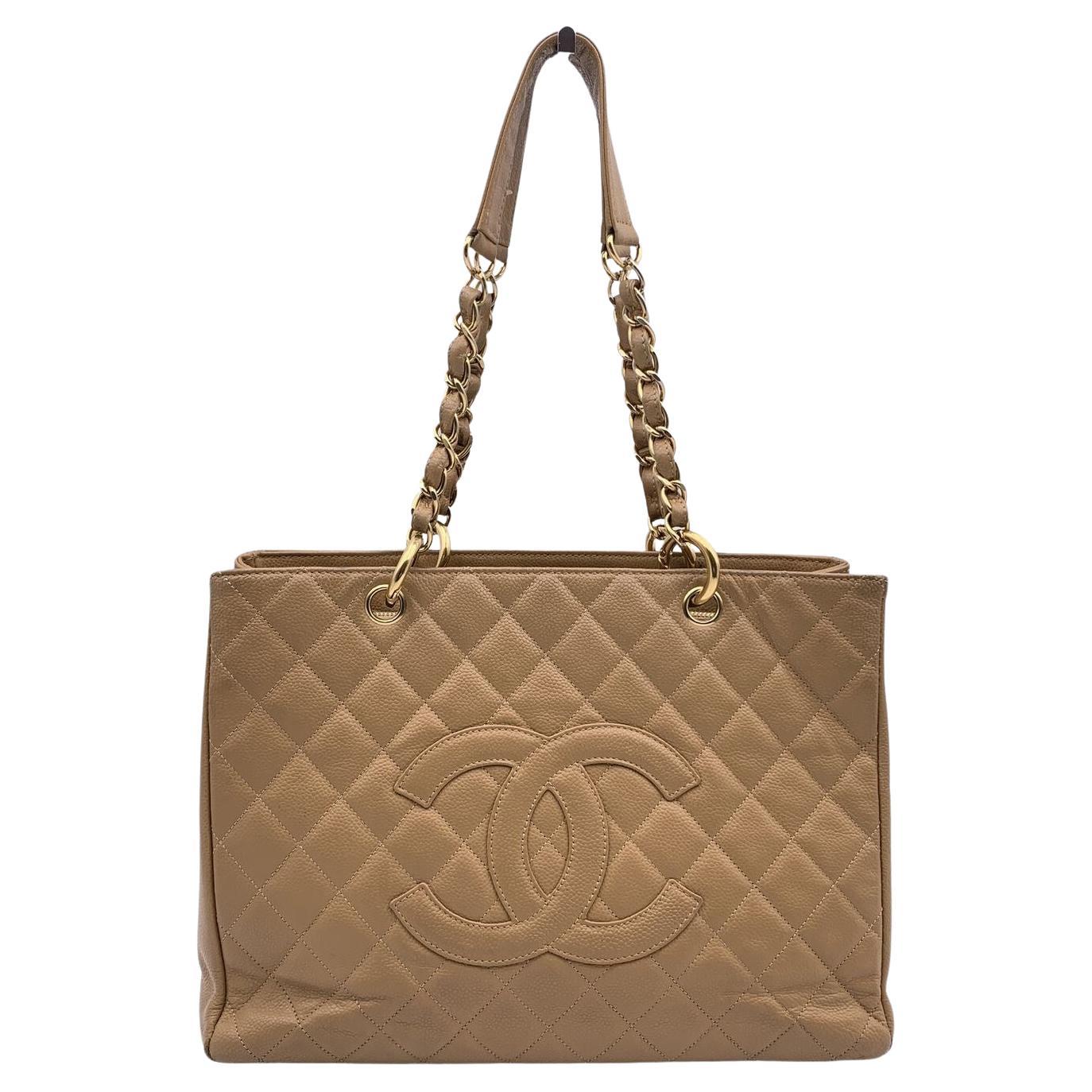 Chanel Beige Quilted Caviar Leather GST Grand Shopping Tote Bag For Sale