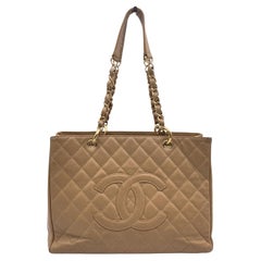 Used Chanel Beige Quilted Caviar Leather GST Grand Shopping Tote Bag