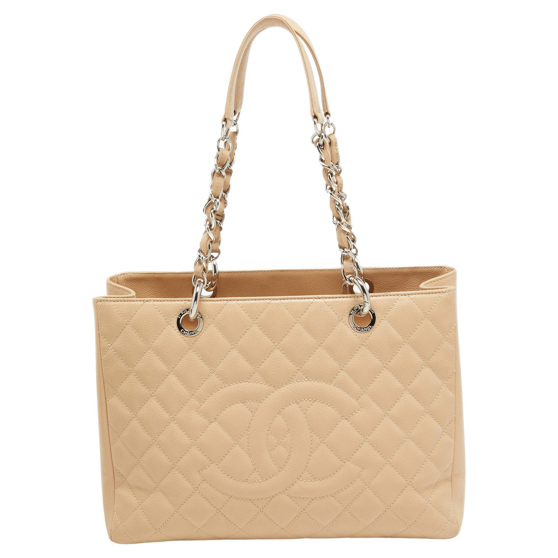 Chanel Beige Quilted Caviar Leather GST Shopper Tote For Sale